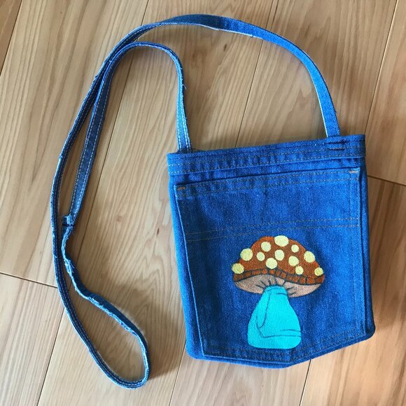 Handmade Crossbody Jean Purse: Painted Mushroom Over Shoulder Cell Phone Bag - Picture 3 of 10